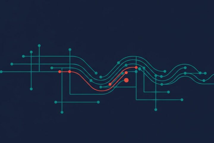 Abstract navy and teal network diagram branching from straight rule lines into flowing predictive curves with a single red accent node