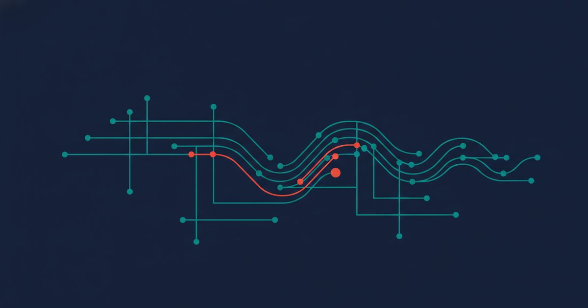 Abstract navy and teal network diagram branching from straight rule lines into flowing predictive curves with a single red accent node