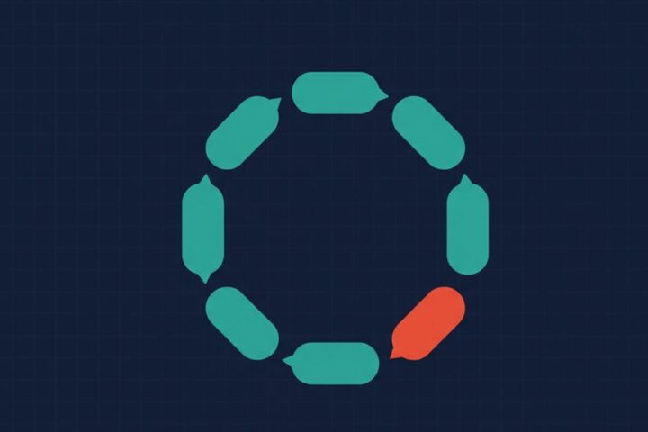 Abstract geometric loop of six connected lifecycle stages with directional arrows in navy, teal, and red