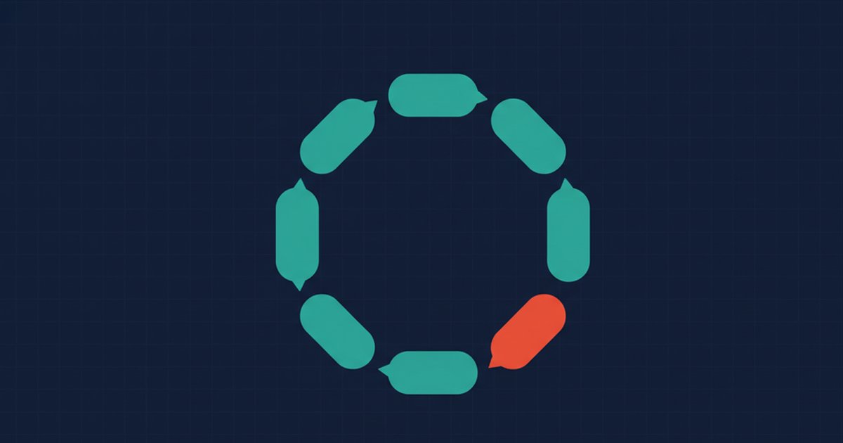 Abstract geometric loop of six connected lifecycle stages with directional arrows in navy, teal, and red