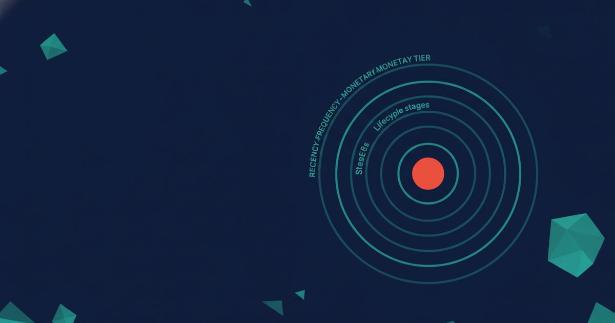 Abstract navy and teal diagram of concentric customer-value rings flowing into lifecycle stages with a red accent node