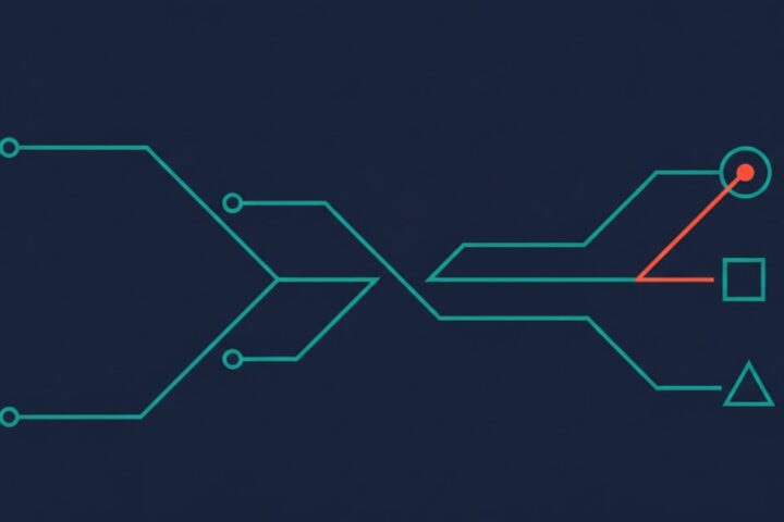 Abstract geometric diagram of four branching automated email flows on a deep navy background with teal and red accents