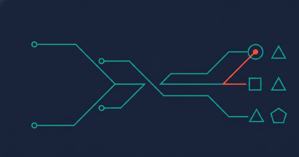 Abstract geometric diagram of four branching automated email flows on a deep navy background with teal and red accents