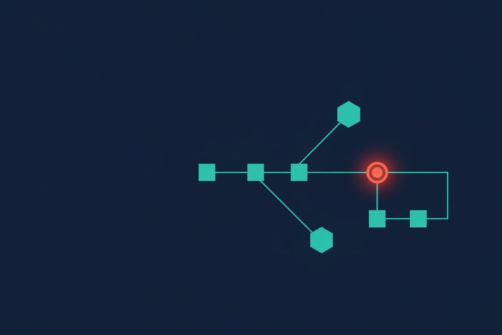 Abstract geometric flowchart on deep navy showing connected teal workflow steps branching at a red decision node