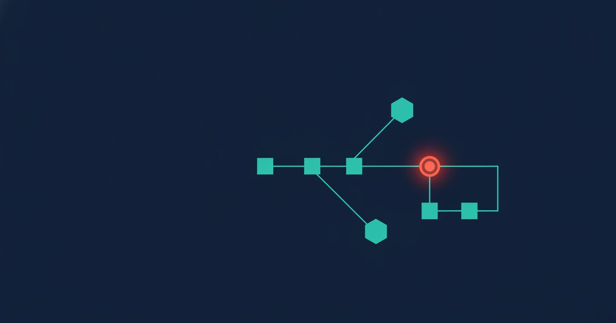 Abstract geometric flowchart on deep navy showing connected teal workflow steps branching at a red decision node