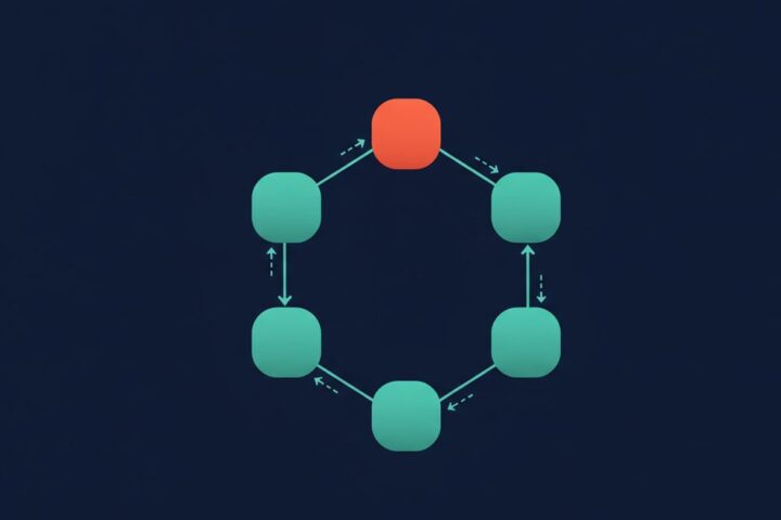 Abstract geometric diagram of six connected lifecycle stages forming one looping automated marketing system in navy, teal and red