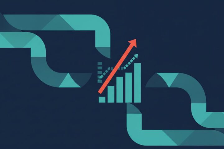 Abstract navy and teal geometric chart showing revenue flowing from marketing automation flows into rising lifetime-value bars