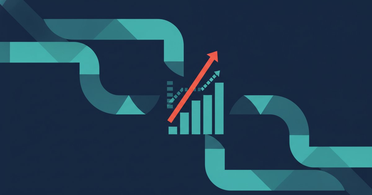 Abstract navy and teal geometric chart showing revenue flowing from marketing automation flows into rising lifetime-value bars