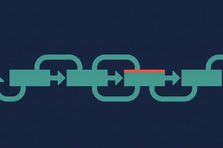 Abstract geometric diagram of four connected nodes representing a D2C marketing automation stack on a deep navy background with teal and red accents