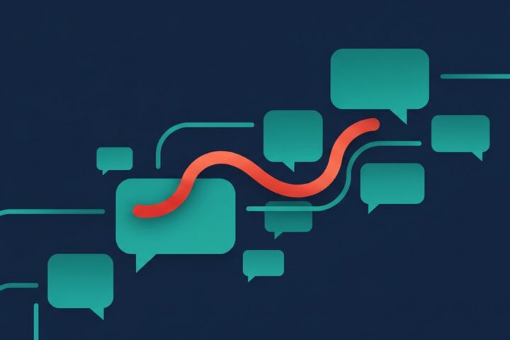 Abstract geometric illustration of SMS and chat message bubbles connected by flowing lines on a deep navy and teal background