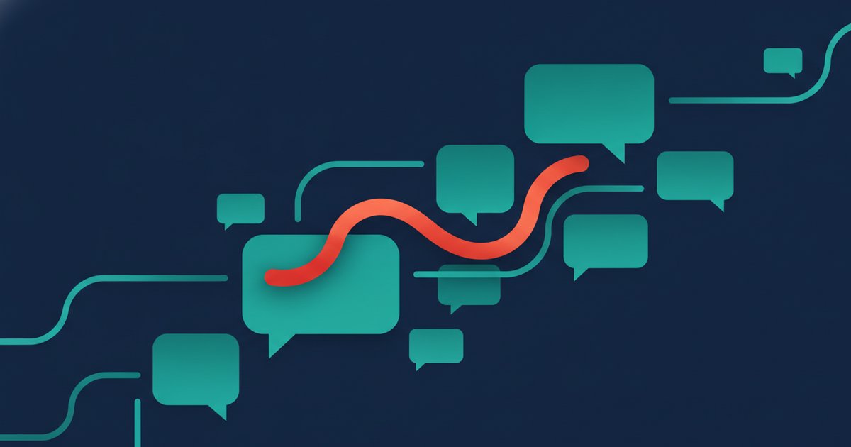 Abstract geometric illustration of SMS and chat message bubbles connected by flowing lines on a deep navy and teal background