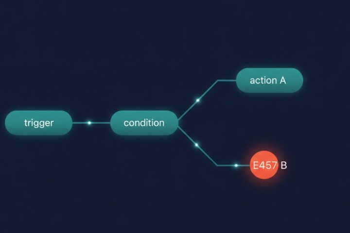 Abstract geometric flow diagram in navy and teal with a red accent node, representing a trigger-condition-action automation