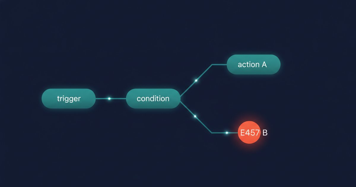 Abstract geometric flow diagram in navy and teal with a red accent node, representing a trigger-condition-action automation